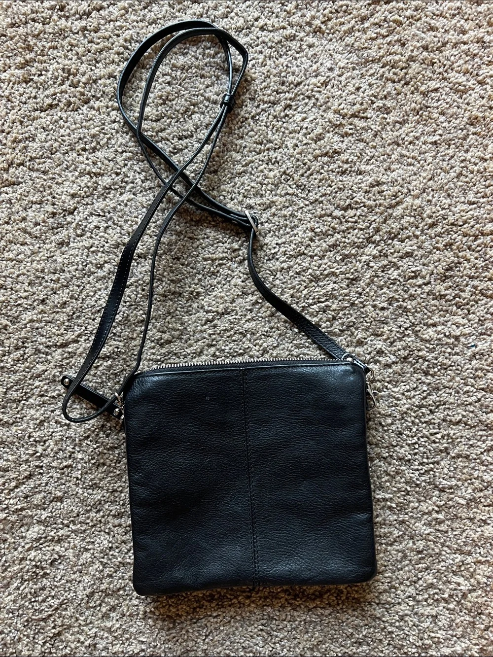 Classic Black Leather Crossbody with Front Zip Pocket